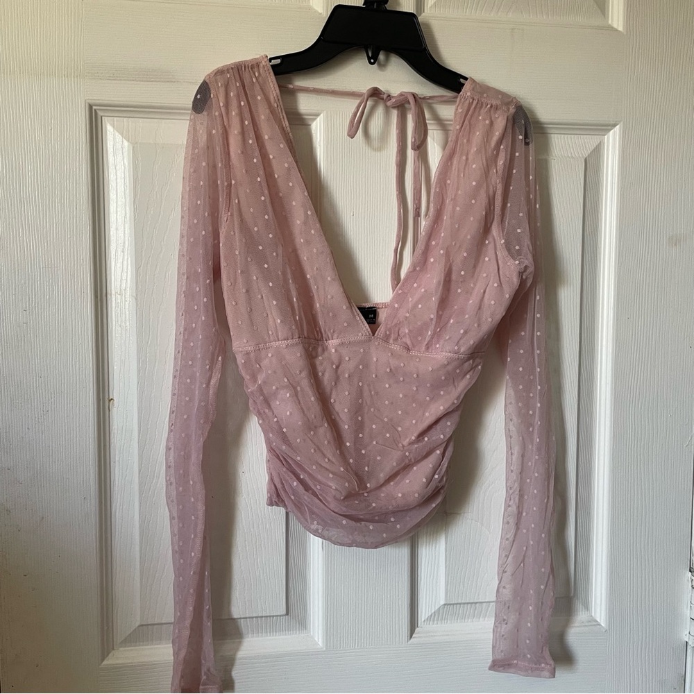 Windsor Blush Pink Sheer Polka Dot Tie-Back Blouse